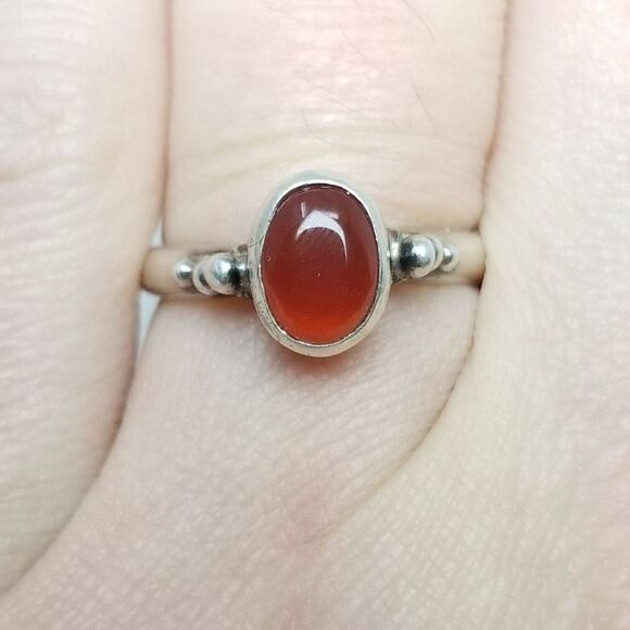 Vintage Sterling Silver Orange Oval Cabochon Stone Ring, Size 6 1/2 Band, Bezel - Picture 2 of 8